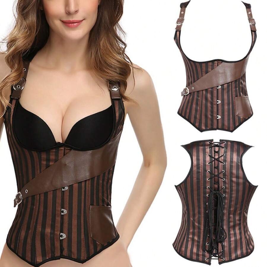 女式棕色蒸氣龐克緊身胸衣馬甲宮殿緊身胸衣腰帶