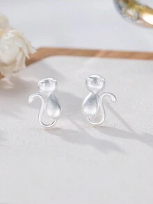1對可愛純925銀霧面貓後插耳釘,低敏感性,適合女性日常穿戴 - YW0889 - 查看 3