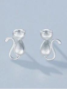 1對可愛純925銀霧面貓後插耳釘,低敏感性,適合女性日常穿戴 - YW0889 - 查看 4