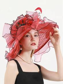 HIMESPORT 紅格子紗質婚禮新娘鬆緊帽,女士茶會派對禮帽,配羽毛、鑽石、花朵頂部網紗帽 - 紅色 - 查看 5