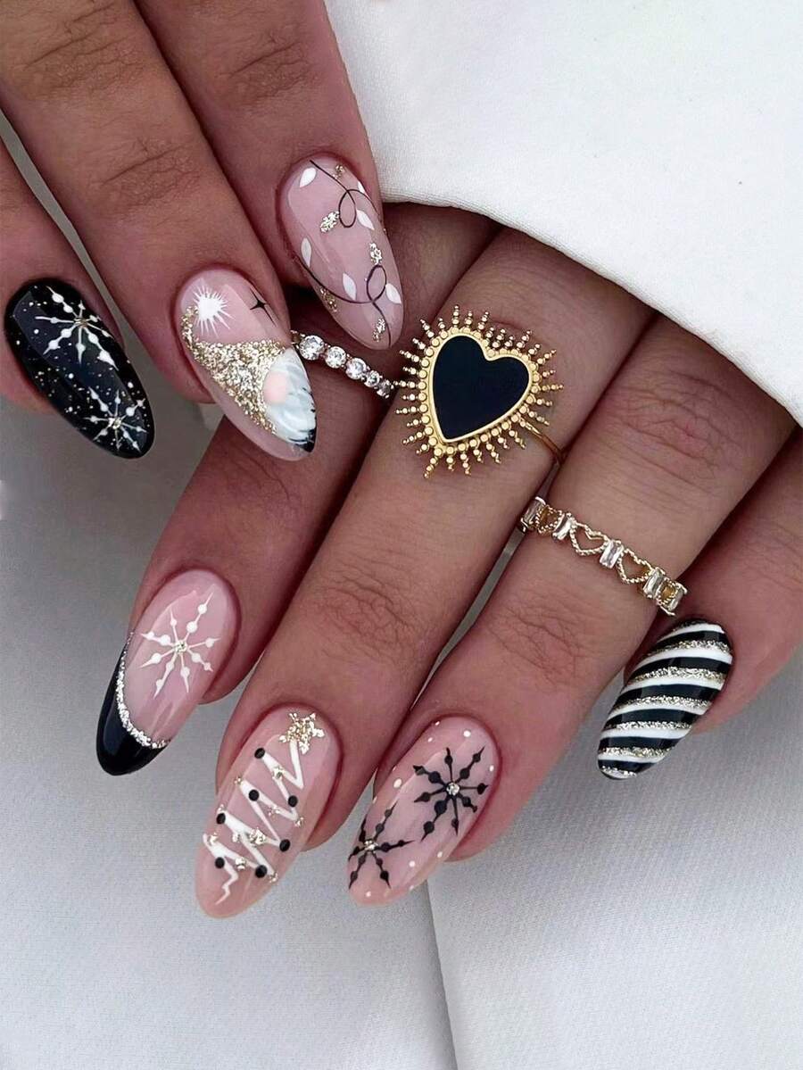 24入組中長款聖誕冬季指甲貼,有雪花、鑽石、金粉、樹葉、聖誕老人、黑白條紋、聖誕樹、星星設計,法式經典優雅橢圓形指甲,+ 1個啫喱緩衝器和1個指甲角質棒,套裝 - 彩色 - 查看 1