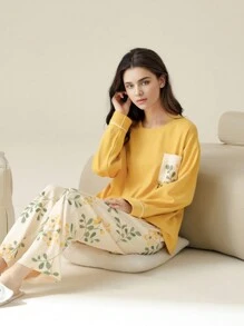 1 Set Women Sleepwear, Comfortable Long Sleeve Shirt & Long Pants, Cute & Sweet, Random Color Dispatched, Suitable For Home Wearing & Outdoor Wear - Yellow - View 4