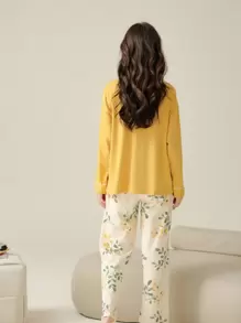 1 Set Women Sleepwear, Comfortable Long Sleeve Shirt & Long Pants, Cute & Sweet, Random Color Dispatched, Suitable For Home Wearing & Outdoor Wear - Yellow - View 2