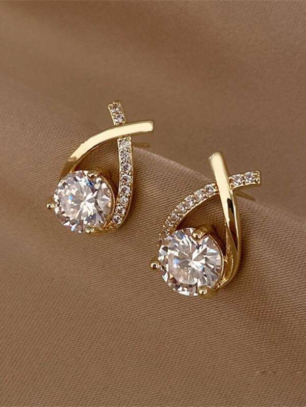 1pair Fashionable Crossed Labradorite & Rhinestone Decor Stud Earrings Suitable For Women's Daily Wear