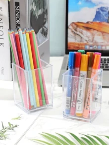 1個透明方形筆筒,簡約現代diy筆筒儲物盒,大容量透明有機膠筆筒,辦公桌面文具收納盒,學生化妝刷塑料收納盒 - 無色 - 查看 4