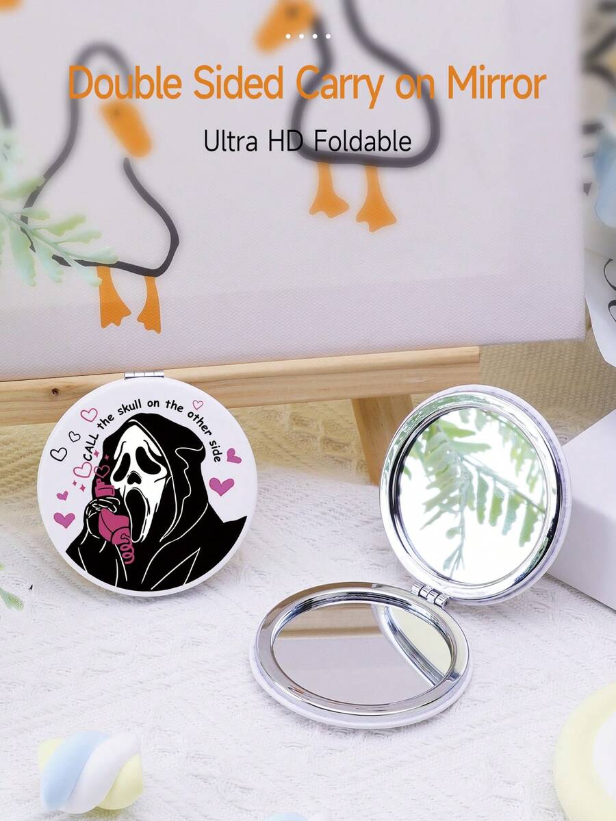 可摺疊口袋化妝鏡,1入組萬聖節骷髏頭圖案正方形兩面式緊湊化妝鏡,桌上鏡子,女性和女孩的便攜旅行鏡子,女人媽媽妻子姐妹青少女女友送禮和裝飾品
