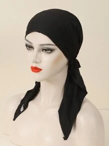 1pc Casual Solid Color Long Ribbon Undercap Hat, Suitable For Daily Use Bonnet Hair Bonnet Turban - Black - View 2