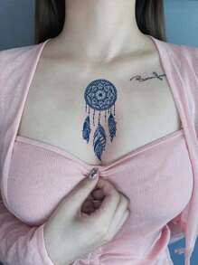 極簡風格字母、海鷗、羽毛和草本設計的女孩臂部防水臨時刺青貼紙,可持續7-14天 - 藍色 - 查看 3