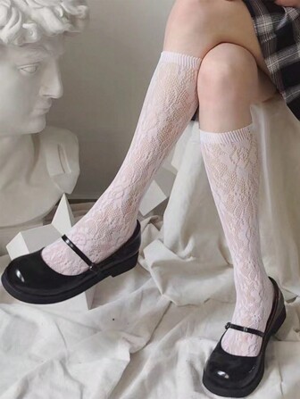 1双女士碎花网眼可爱过膝袜，Y2K风格洛丽塔蕾丝边过膝袜