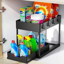 Under Sink Organizer And Storage, Kitchen Organization Rack With Double Sliding Cabinet Drawers, Multi-Purpose Storage Shelf Holder With 4 Hooks For Bathroom, Pantry, Bathroom Accessories, Room Decor