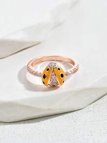 1個時尚個性化銅和鋯石鑲嵌七星瓢蟲橘黑油墜調節戒指,適合女性日常穿著、派對或節日