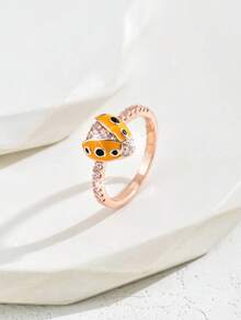 1個時尚個性化銅和鋯石鑲嵌七星瓢蟲橘黑油墜調節戒指,適合女性日常穿著、派對或節日