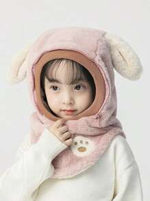 1pc Children's Cute Rabbit Ears Windproof Face Mask Covering Earmuffs, Fall And Winter Warm Beanie Hat - Pink - View 2