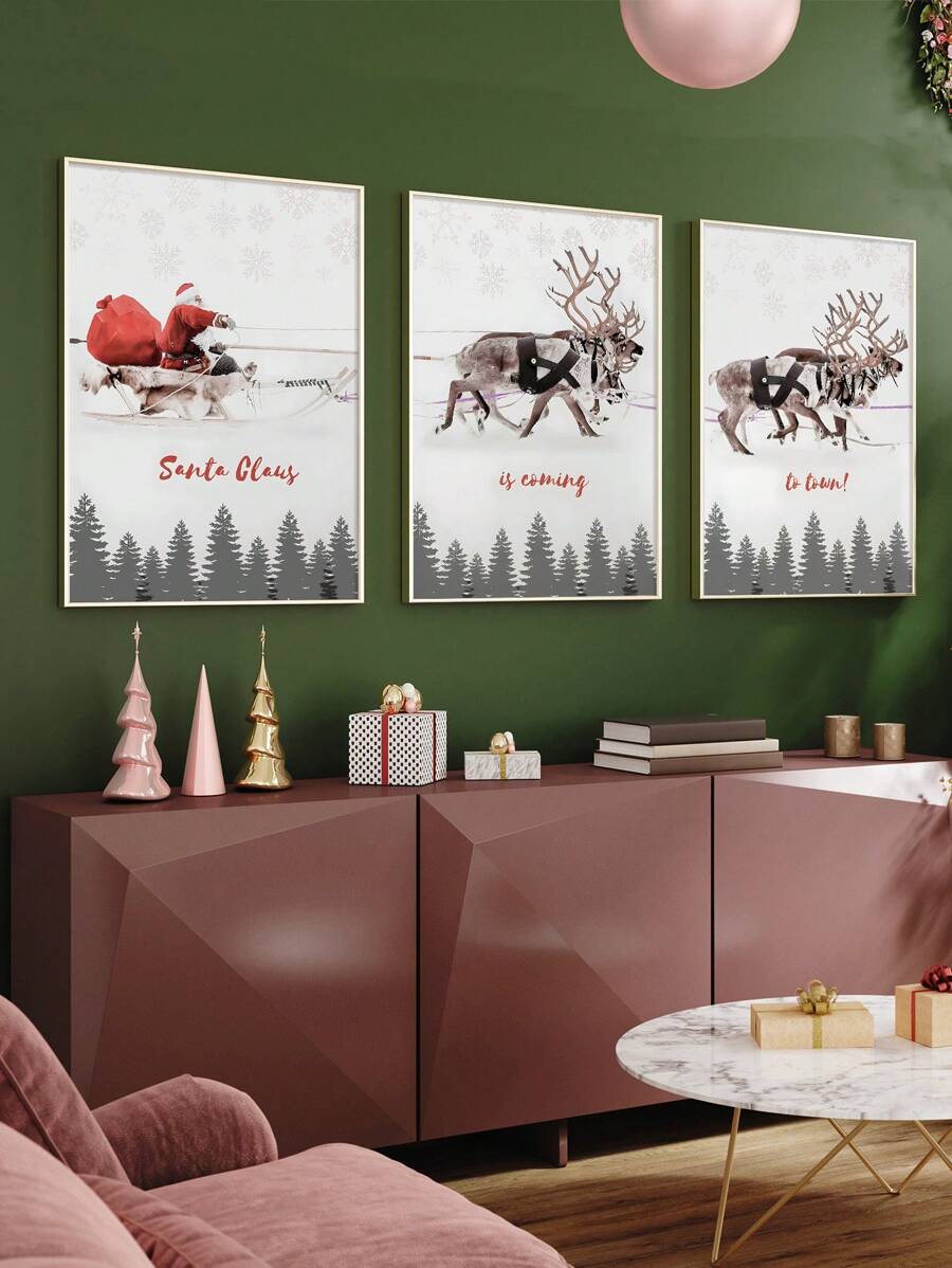 3入組聖誕老人坐雪橇、馴鹿無框畫,農舍風格聖誕家居裝飾及禮品無帶框畫布