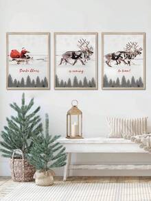 3入組聖誕老人坐雪橇、馴鹿無框畫,農舍風格聖誕家居裝飾及禮品無帶框畫布