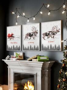 3入組聖誕老人坐雪橇、馴鹿無框畫,農舍風格聖誕家居裝飾及禮品無帶框畫布