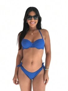 Biquini Aro Bojo Calcinha Fio Duplo Com Amarração Moda Praia Fashion Sutiã - Azul Royal - Visão 3