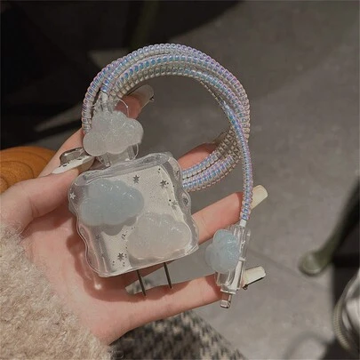 可爱 3D 云朵滴胶波浪边框 USB 保护套 兼容 18W-20W 数据线头线快充外壳 数据线保护套，充电器保护套