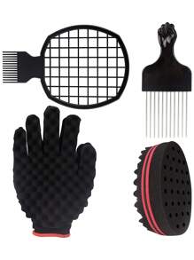 髮海綿套裝,神奇髮絲卷海綿手套,非洲髮海綿理髮師刷子,捲髮梳,理髮師髮型設計必需品 - 黑色 - 查看 8