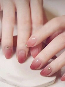 升級你的風格24入組長桃紅漸層純色橢圓形3d鑽石仿真休閒派對美甲純色易白歐美ins風釘片&1入甲板&1入果凍膠 - 彩色 - 查看 1