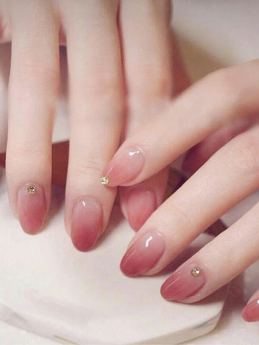 升級你的風格24入組長桃紅漸層純色橢圓形3d鑽石仿真休閒派對美甲純色易白歐美ins風釘片&1入甲板&1入果凍膠 - 彩色 - 查看 1