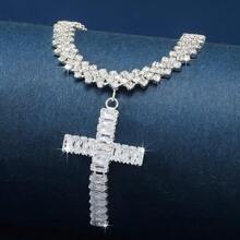 1pc Luxury Rhinestone Claw Chain Welded Rhinestone Cross Pendant Necklace, Gift For Women Wedding Engagement Evening Party - Silver - View 3