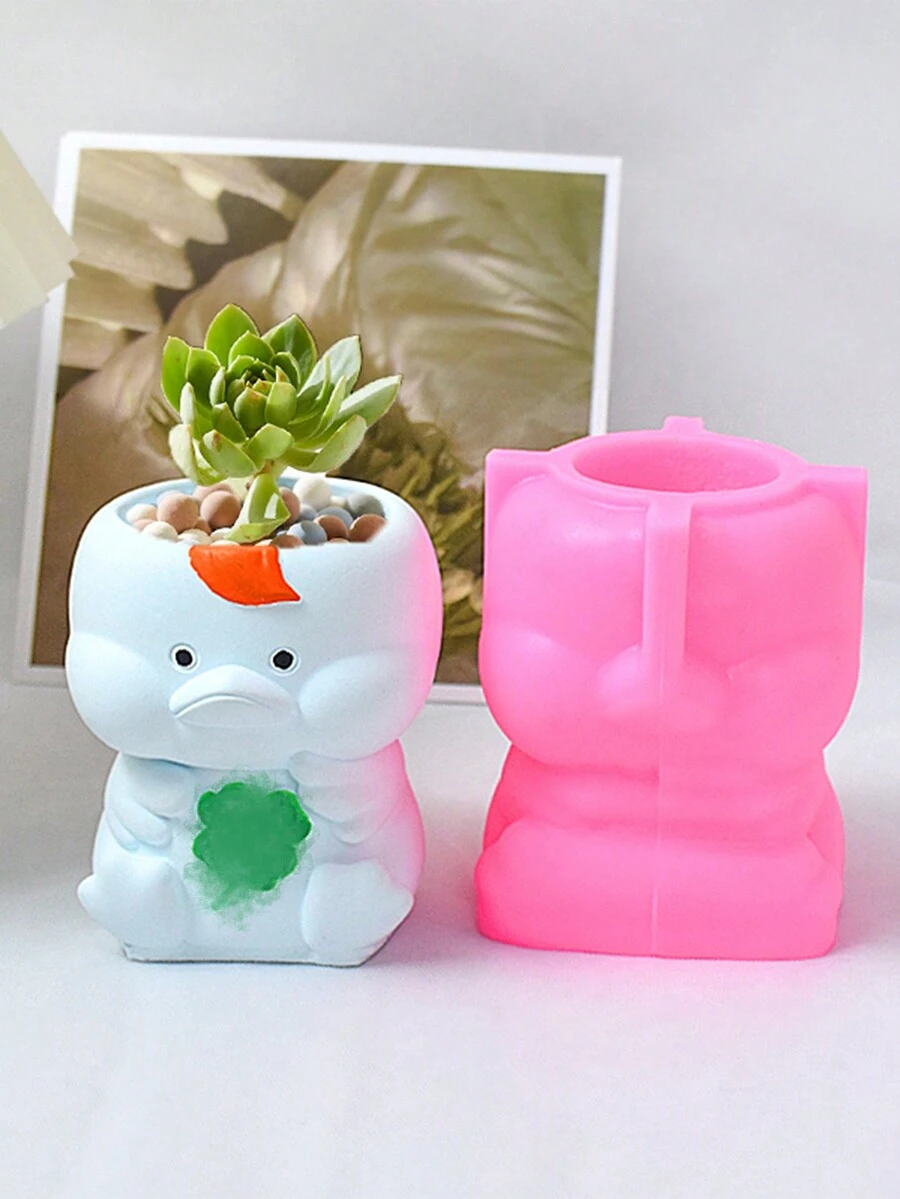 1個創意卡通動物矽膠模具花盆,手工diy家庭辦公室裝飾多肉盆迷你綠色植膠模 - 粉色 - 查看 1