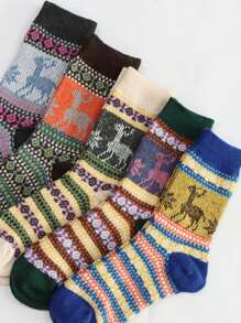 5pairs/Set Ladies' Deer Pattern Fashionable Mid-Calf Socks - Multicolor - View 3