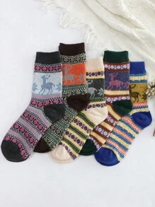 5pairs/Set Ladies' Deer Pattern Fashionable Mid-Calf Socks - Multicolor - View 1
