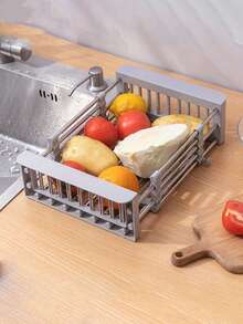 Stainless Steel Sink Drain Rack Retractable Drain Bowl Rack Multi-functional Kitchen Drain Basket Fruit And Vegetable Dish Washing Basket - Grey - View 3