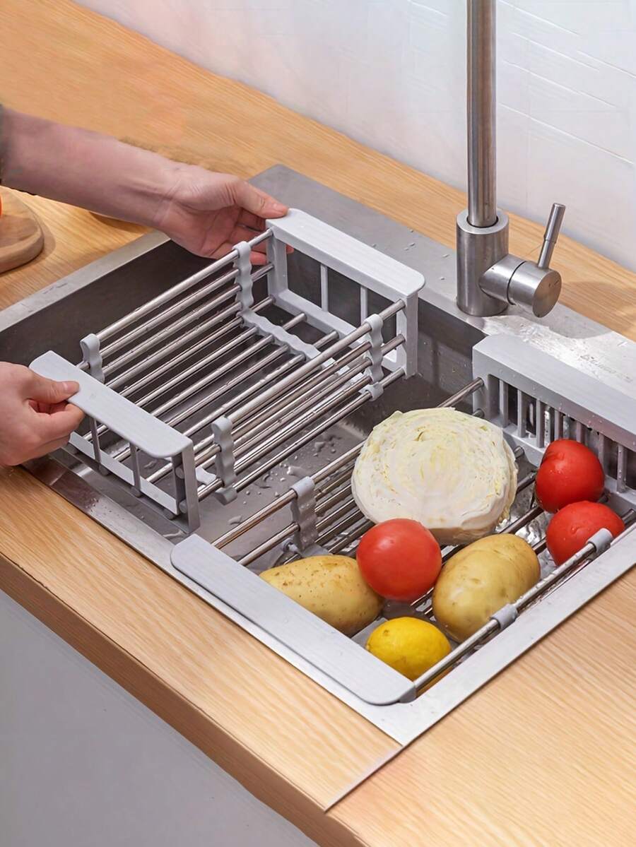 Stainless Steel Sink Drain Rack Retractable Drain Bowl Rack Multi-functional Kitchen Drain Basket Fruit And Vegetable Dish Washing Basket - Grey - View 1