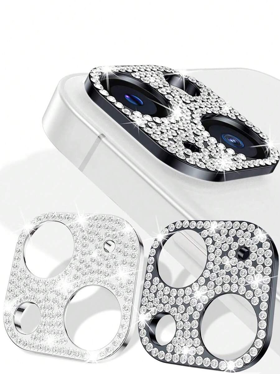 2 Phim Ống Kính Máy Ảnh Trang Trí Kim Cương Giả Tương Thích Với IPhone 15/15 Plus/Iphone 15pro/15 Promax - đen + bạc - Xem 1