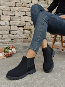 女式黑色啞光絨面增厚內襯圓頭彈性口袋車縫靴,厚底,適合街頭,遊戲,戶外運動,秋冬季節 - 黑色 - 查看 2