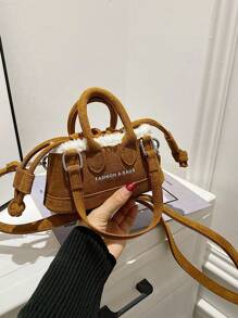 1個字母印花束口女士手提袋 - 棕色 - 查看 1