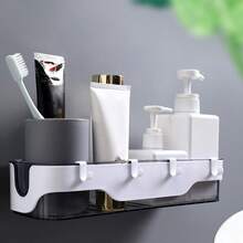 1pc Creative Transparent Wall-mounted Bathroom Storage Rack With Drainage And Hooks - Grey - View 6