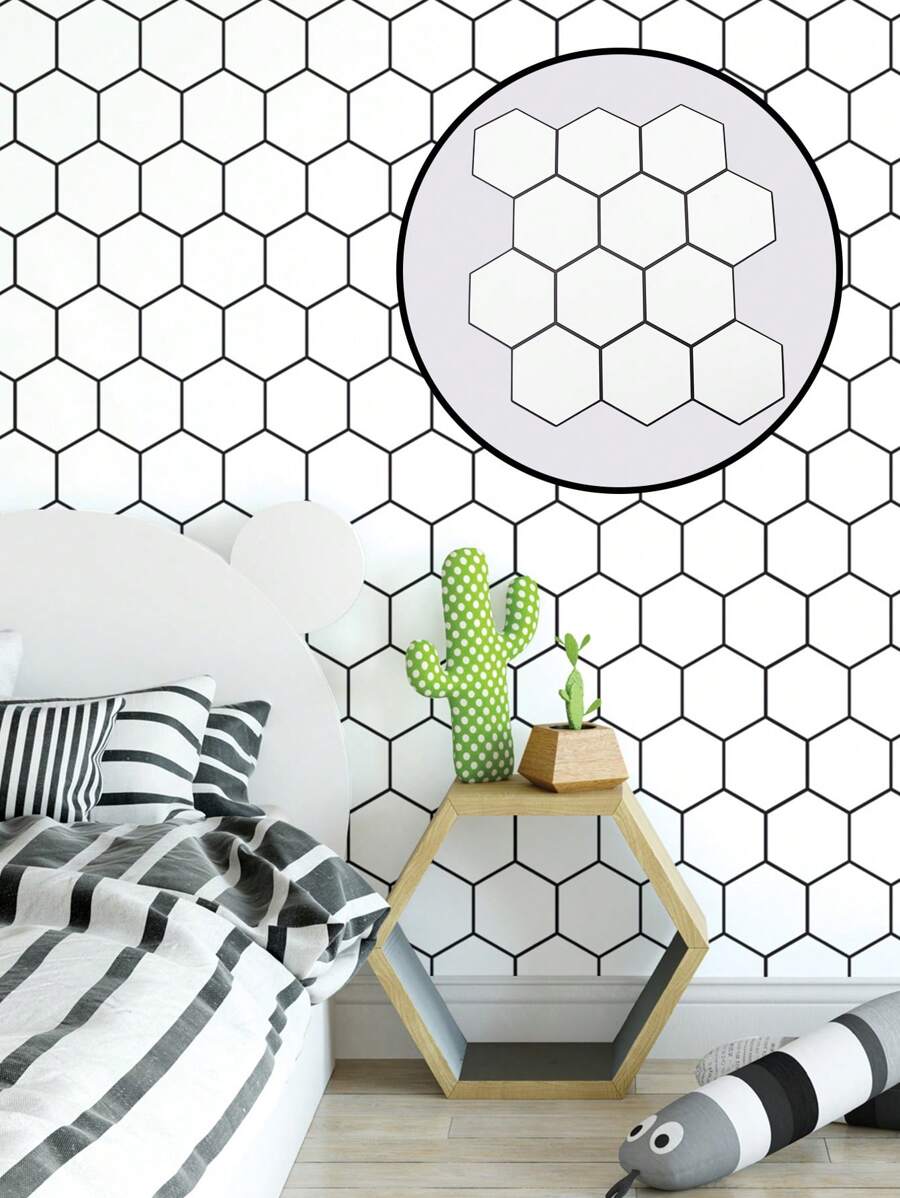 5 Unids/set De Papel Tapiz Autoadhesivo De Panal Hexagonal Simple, Pegatina De Pared Con Patrón Geométrico Impermeable Para Cocina A Prueba De Aceite, Decoración Del Hogar - Blanco y Negro - Ver 1