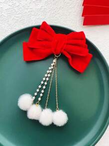 1入紅色兒童絨布蝴蝶結流蘇髮夾,聖誕節造型髮飾,不傷髮絲,適合女孩使用 - 紅色 - 查看 2