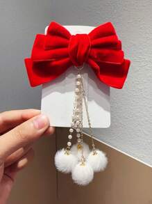 1入紅色兒童絨布蝴蝶結流蘇髮夾,聖誕節造型髮飾,不傷髮絲,適合女孩使用 - 紅色 - 查看 1