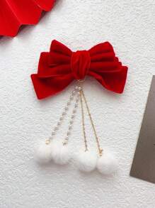 1入紅色兒童絨布蝴蝶結流蘇髮夾,聖誕節造型髮飾,不傷髮絲,適合女孩使用 - 紅色 - 查看 3