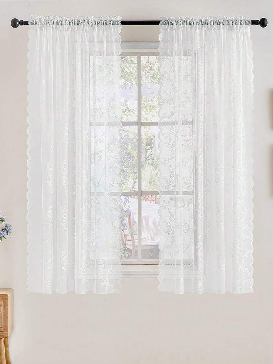 2入組客廳和臥室裝飾網紗蕾絲窗簾 - 白色 - 查看 1