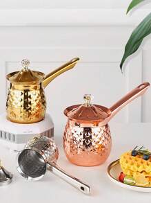 1pc Gold Stainless Steel Long Handle Coffee Pot With Cover, Suitable For Hand Drip Coffee, Milk, Butter Melting School Supplies Back To School