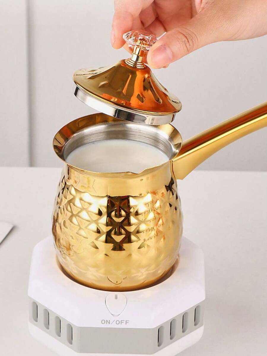 1pc Gold Stainless Steel Long Handle Coffee Pot With Cover, Suitable For Hand Drip Coffee, Milk, Butter Melting School Supplies Back To School