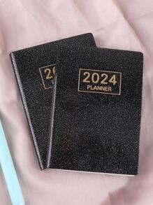 1 Pieza Cuaderno De Agenda Colorido 2024 A7 En Inglés Con Portada Láser, Planificador Semanal Delgado, Cuaderno Pequeño De Eje De Gestión Del Tiempo De 365 Días, Diario Semanal Portátil Y Diario De Autorrelleno - Negro - Ver 2