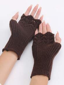 1双女士短款咖啡色鱼鳞纹针织手套，保暖半指露指手套，夏季保暖袖套 - 咖啡棕 - 查看 4