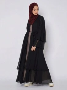 1 chiếc áo khoác cardigan dài bằng vải chiffon hai lớp màu trơn rộng rãi cỡ lớn dành cho nữ mặc Abaya - màu đen - Xem 2