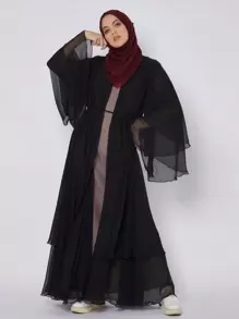 1 chiếc áo khoác cardigan dài bằng vải chiffon hai lớp màu trơn rộng rãi cỡ lớn dành cho nữ mặc Abaya - màu đen - Xem 1