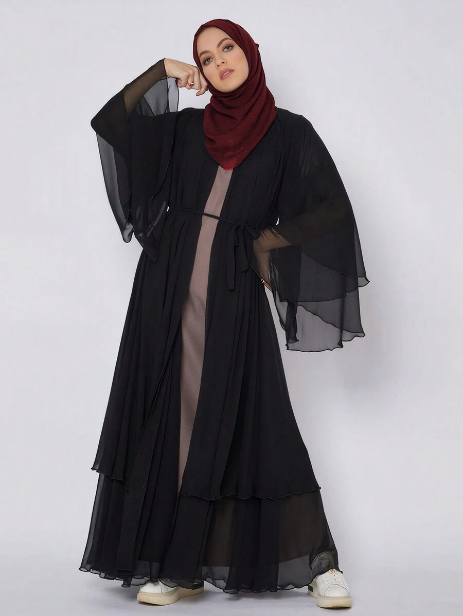 1 chiếc áo khoác cardigan dài bằng vải chiffon hai lớp màu trơn rộng rãi cỡ lớn dành cho nữ mặc Abaya - màu đen - Xem 1