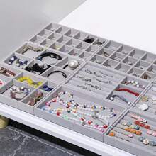 Various Jewelry Storage Trays, Stackable Plush Jewelry Display Tray, Drawer Organizer For Rings, Bracelets, Necklaces And Earrings - Grey - View 7
