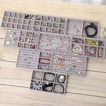 Various Jewelry Storage Trays, Stackable Plush Jewelry Display Tray, Drawer Organizer For Rings, Bracelets, Necklaces And Earrings - Grey - View 6