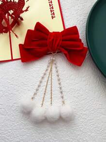 1入紅色兒童絨布蝴蝶結流蘇髮夾,聖誕節造型髮飾,不傷髮絲,適合女孩使用 - 紅色 - 查看 6